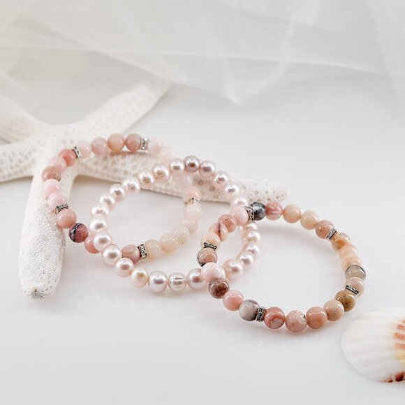 Pink Opal, Crystal & Pearl Stretch Bracelet Set of 3, Fast Shipping - Picture 7 of 11